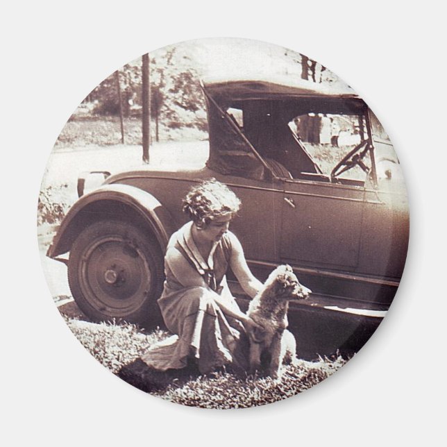 Íman Mulher Cachorro E Automóvel Vintage (Frente)