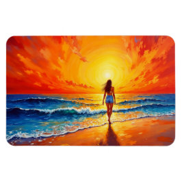 Íman Mulher caminhando na praia do oceano ao pôr do sol