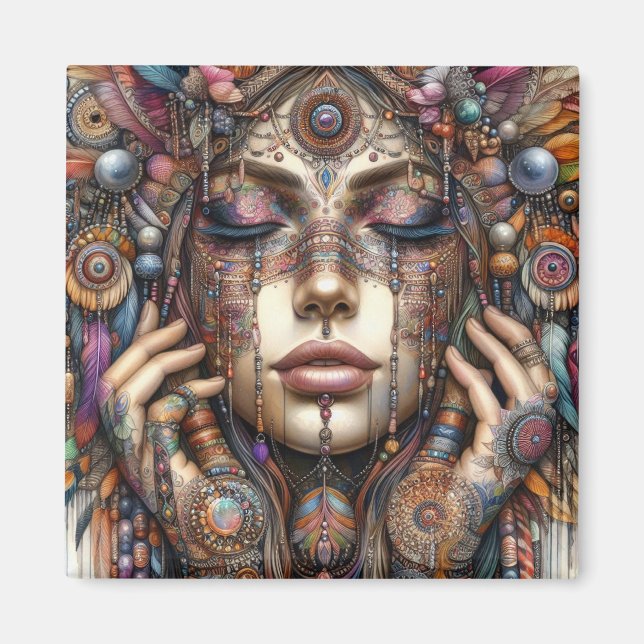 Íman Mulher com Elaborada Ornamentação Baseada em Triba (Frente)