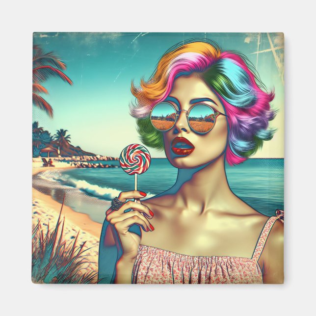 Íman Mulher de Arte Pop Retro com Pirulito (Frente)