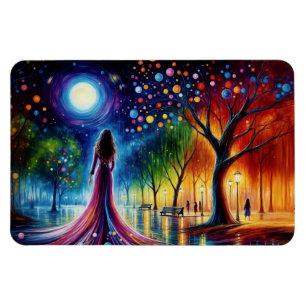Íman Mulher de vestido fluindo caminhando na floresta c