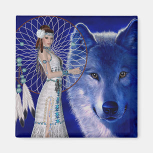Íman Mulher do nativo americano & design azul do lobo