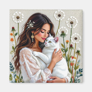 Íman Mulher e Gato Branco e Dandelions 