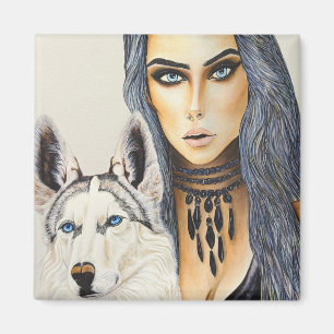 Íman Mulher Glamourosa Moderna & Cachorro Lobo Husky