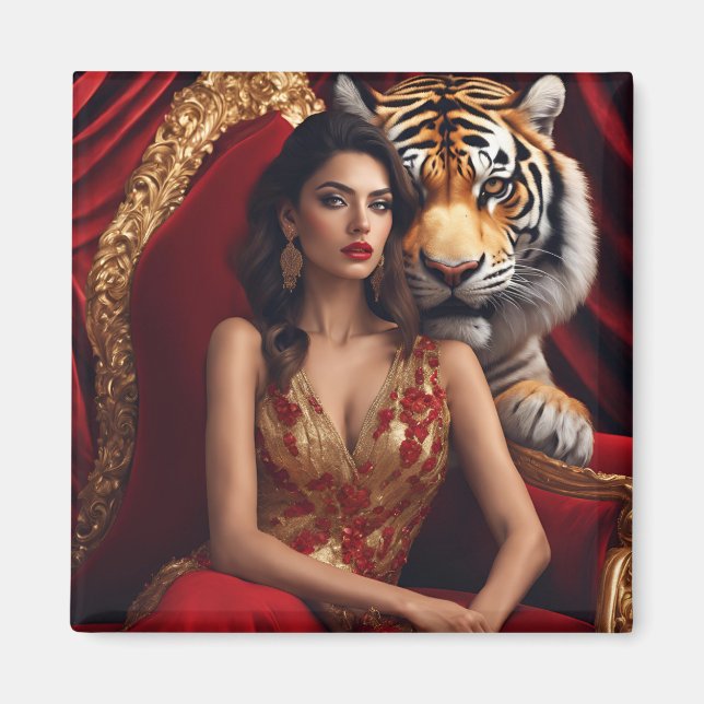 Íman Mulher Majestosa com Tigre | Parede de Força de Lu (Frente)