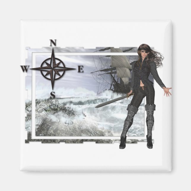 Íman Mulher Pirata com Designs de Águas Duras (Frente)