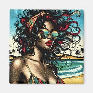 Íman Mulher Retro na Praia Estilo Cômico Pop Art