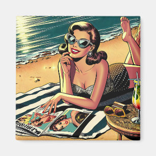 Íman Mulher retrô na praia lendo uma revista de moda