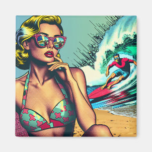 Íman Mulher Ruiva Retro Bonita e Cara Gato Surfista