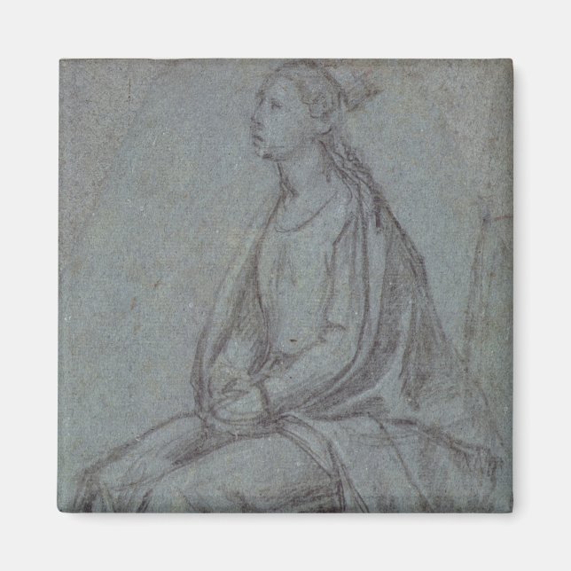 Íman Mulher sentada, c.1514 (giz preto e branco em azul (Frente)