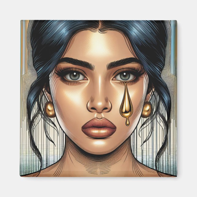 Íman Mulher Triste e Bonita com Lágrima de Ouro (Frente)