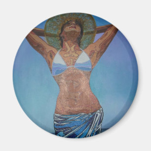 Íman Mulher Vestindo Chapéu E Sarong Gozando Do Verão