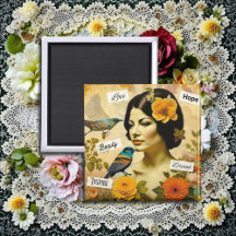 Mulher Vintage Bonita com Pássaros e Flores