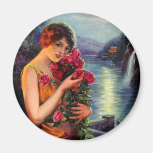 Íman Mulher Vintage com Rosas Vermelhas ao Luar