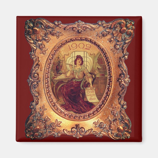 Íman Mulher vitoriana quadro elegante vermelho-dourado (Frente)