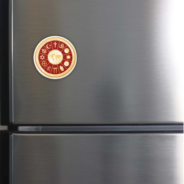 Íman Mundo da Fé (World of Faith Magnet. Gold symbols of international religions surround a world map. )