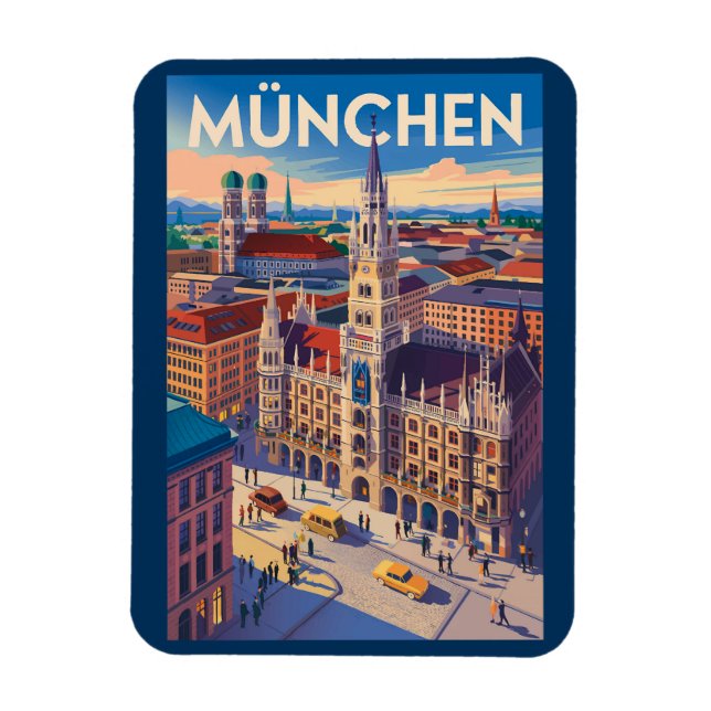 Íman Munich Germany Illustration Travel Art Vintage (Vertical)