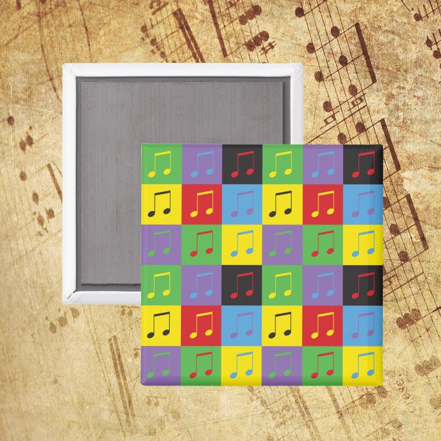 Íman Música Padrão 8ª Notas Rainbow (A magnet with a music note pattern done in yellow, green, blue, purple, red and black)