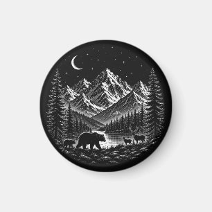 Íman Mystic Mountain Wilderness Night Linocut Estilo