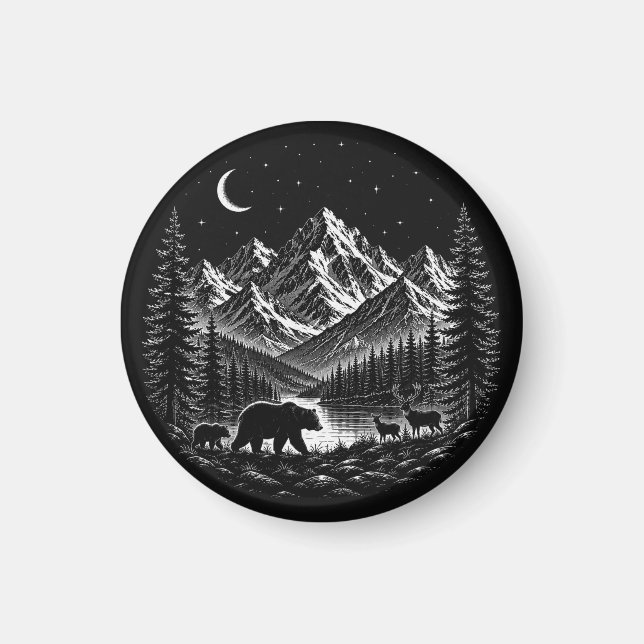 Íman Mystic Mountain Wilderness Night Linocut Estilo (Frente)