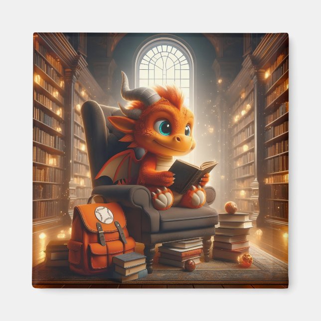 Íman Na Biblioteca - Ímã de Dragão Laranja (Frente)