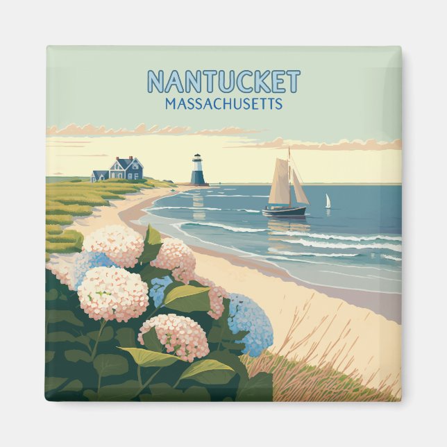Íman Nantucket Beach Hydrangeas Boat Retro (Frente)