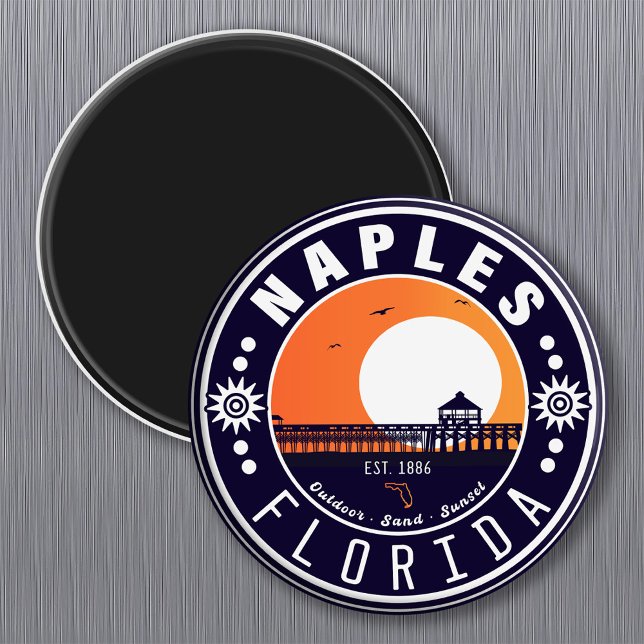 Íman Naples Florida Beach Retro Sunset Pier 80s (Criador carregado)