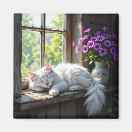 Íman Napping White Cat and Purple Flowers