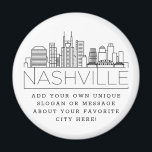 Íman Nashville Themed | Mensagem de Cidade Personalizad<br><div class="desc">Um favor ímã único representando a bela cidade de Nashville, Tennessee. Este chaveiro apresenta uma ilustração estilizada do horizonte único da cidade com seu nome embaixo. Por baixo do nome da cidade está um lugar para o seu slogan ou afirmação exclusivo sobre a sua cidade favorita. Um excelente de enviar...</div>