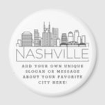 Íman Nashville Themed | Mensagem de Cidade Personalizad<br><div class="desc">Um favor ímã único representando a bela cidade de Nashville, Tennessee. Este chaveiro apresenta uma ilustração estilizada do horizonte único da cidade com seu nome embaixo. Por baixo do nome da cidade está um lugar para o seu slogan ou afirmação exclusivo sobre a sua cidade favorita. Um excelente de enviar...</div>