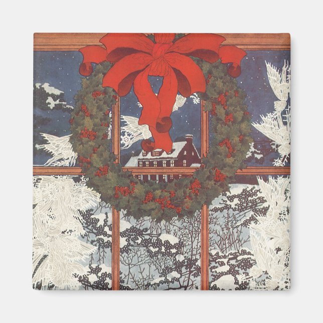 Íman Natais vintages em uma janela com neve (Frente)