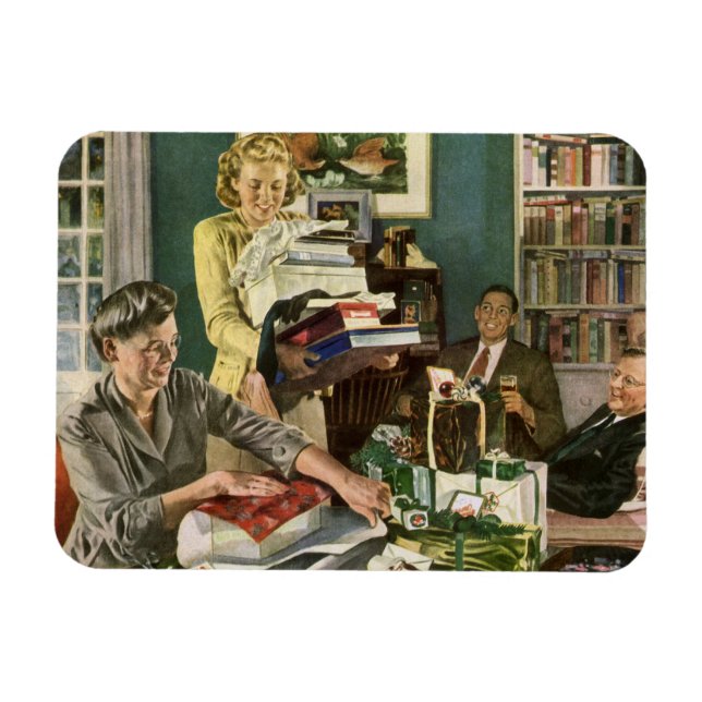 Íman Natais vintages, Feliz Presente de Embalagem Famil (Horizontal)