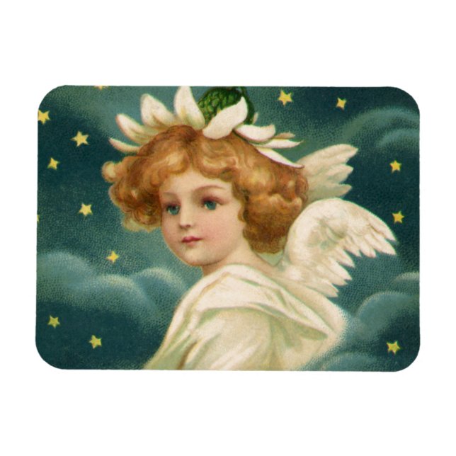 Íman Natal Antigo, Anjo Vitoriano com Estrelas Douradas (Horizontal)