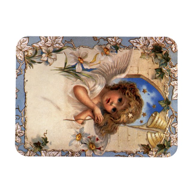 Íman Natal Antigo, Anjo Vitoriano com Sininhos Dourados (Horizontal)