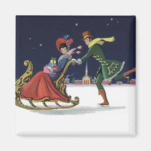 Íman Natal Antigo, Casal Apaixonado Patinando no Gelo