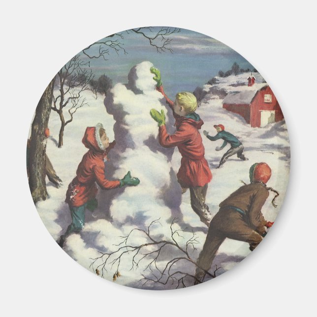 Íman Natal Antigo, Crianças Brigando com Bolas de Neve (Frente)