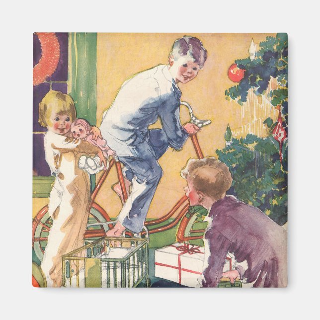 Íman Natal Antigo de Manhã, Crianças com Presentes (Frente)