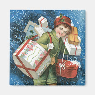Íman Natal Antigo, Menina com Presentes na Neve de Inve