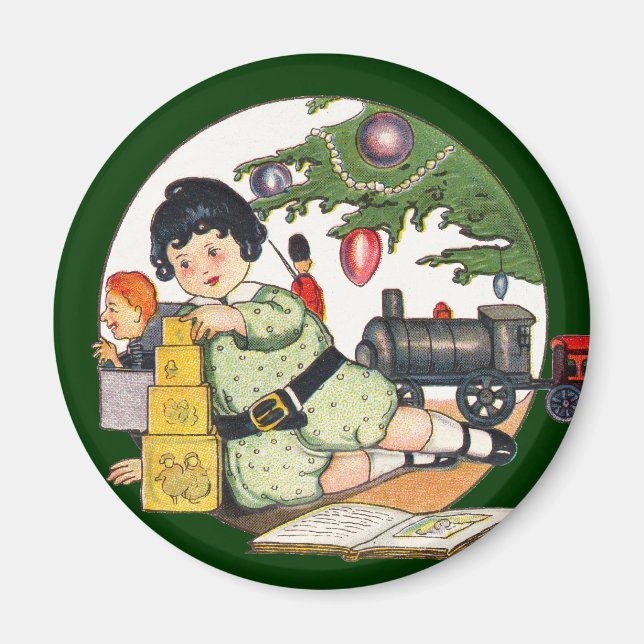 Íman Natal Antigo, Menino Feliz Brincando com Brinquedo (Frente)