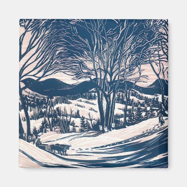 Íman Natal Antigo, Paisagem de Montanha com Neve de Inv (Frente)