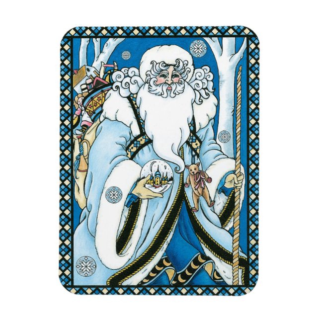 Íman Natal Antigo, Papai Noel Azul com Globo de Neve (Vertical)