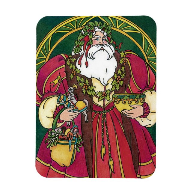 Íman Natal Antigo, Papai Noel com Folhas de Azevinho (Vertical)