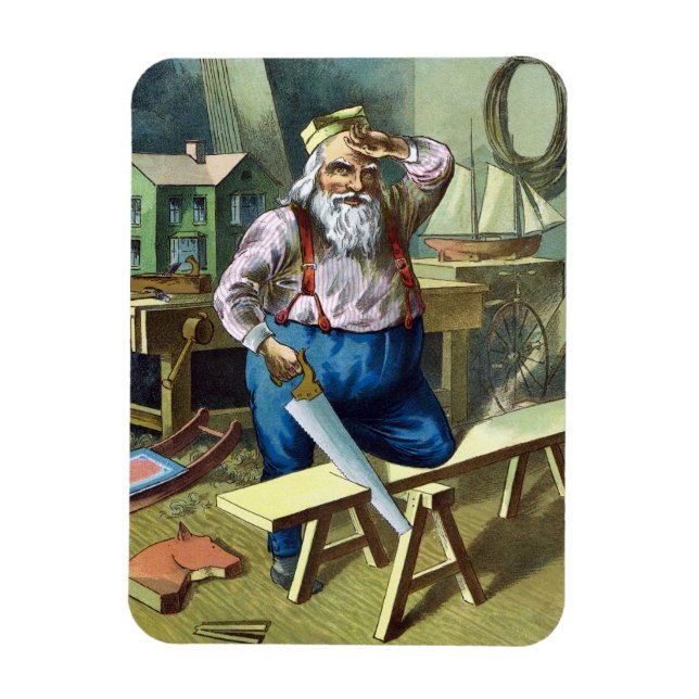 Íman Natal Antigo, Papai Noel Construindo Brinquedos Se (Vertical)
