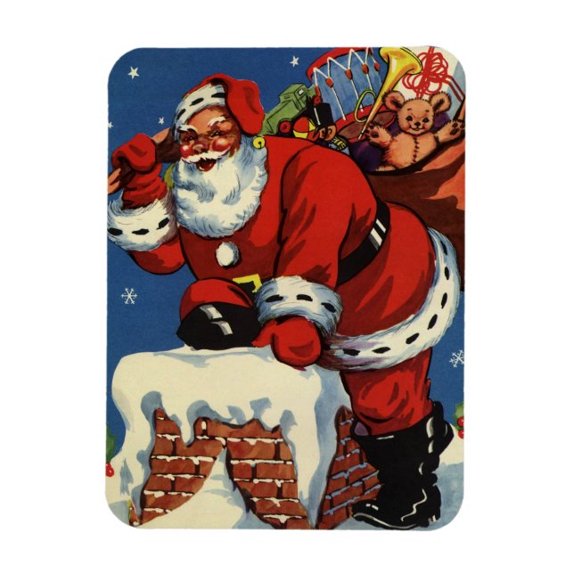 Íman Natal Antigo, Papai Noel Descendo a Chaminé com Br (Vertical)