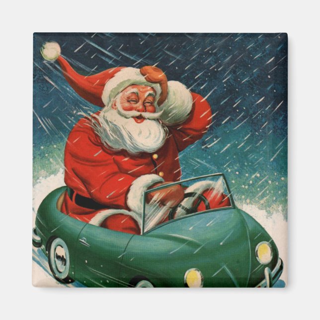 Íman Natal Antigo, Papai Noel num Carro Fofo (Frente)