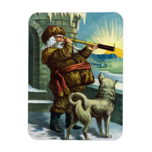 Íman Natal Antigo Papai Noel Telescópio Cachorro Pôr do