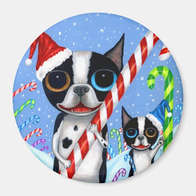 Íman Natal Boston Terrier Cogs Candy Cane Santa Hat (Frente)