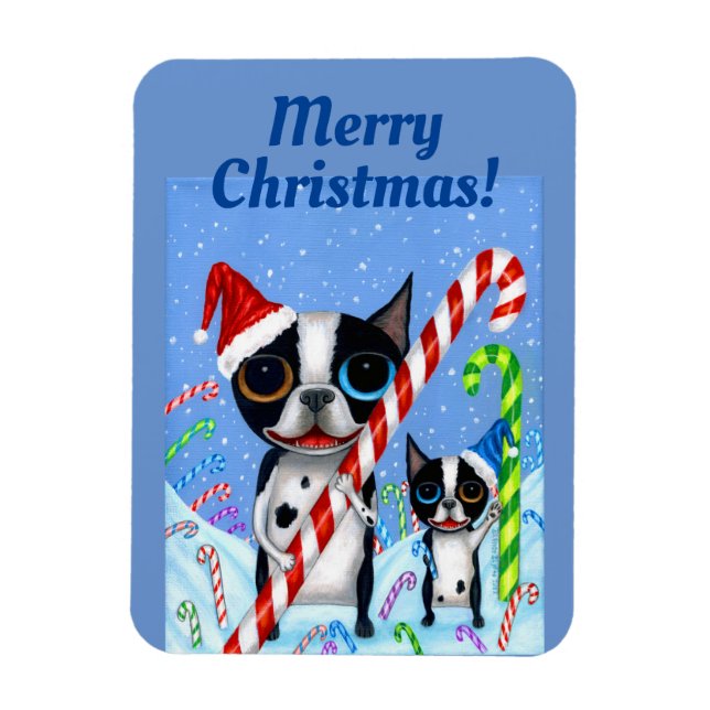 Íman Natal Boston Terrier Cogs Candy Cane Santa Hat (Vertical)