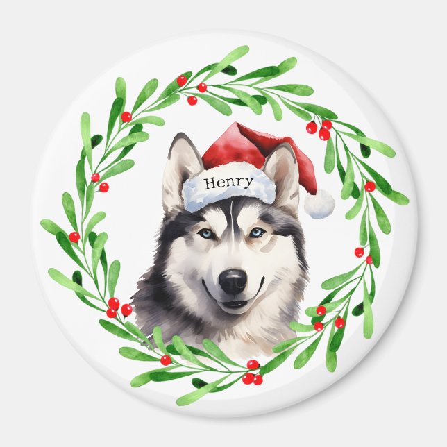 Íman Natal Cachorro Siberian Husky Santa Hat Holiday (Frente)