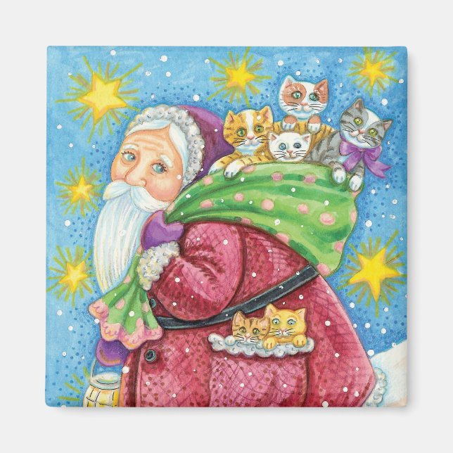 Íman Natal fofo, Papai Noel com Gatinhos e Gatos! (Frente)